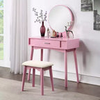 Coiffeuse contemporaine en bois Okak avec tabouret, coiffeuse de maquillage avec miroir rond et 1 tiroir, coiffeuse pour filles pour chambre à coucher, dressing