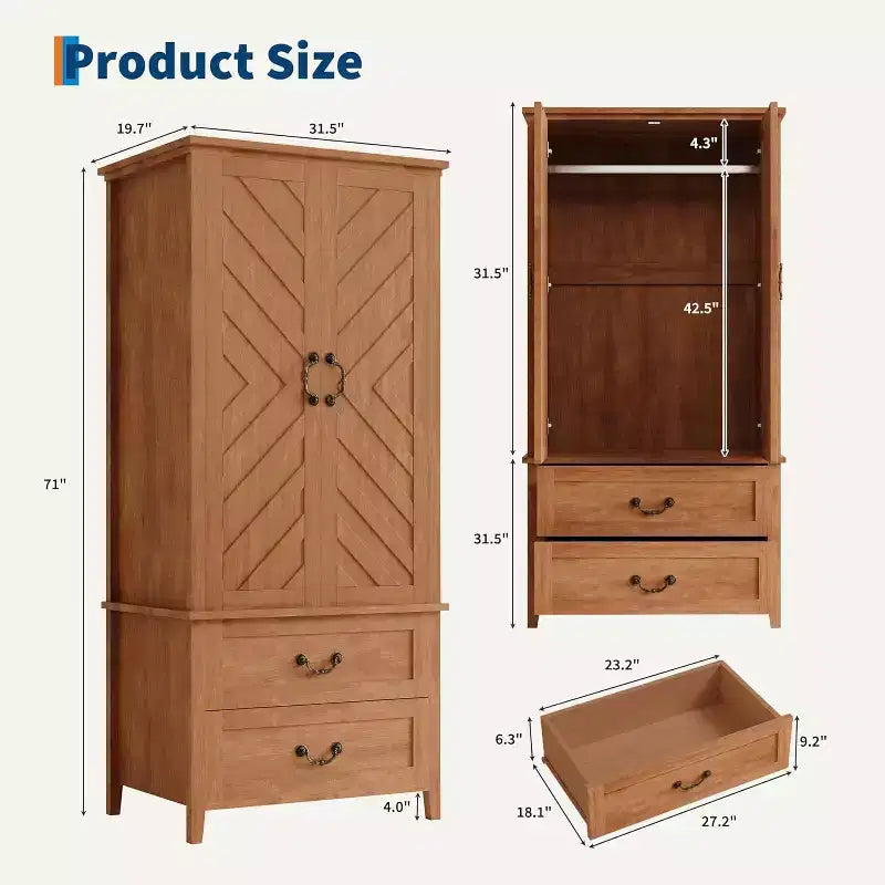 Meuble de rangement haut en forme de V de 71 po avec 2 portes et tiroirs, grand buffet de ferme en bois autoportant, marron rustique
