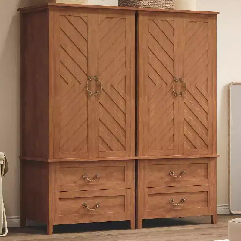 Meuble de rangement haut en forme de V de 71 po avec 2 portes et tiroirs, grand buffet de ferme en bois autoportant, marron rustique