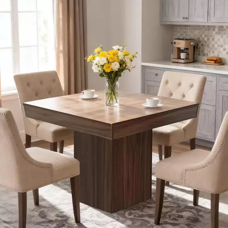 Table à manger carrée quatre personnes de 80 cm, style moderne, base en bois, adaptée aux salles à manger, salons et appartements