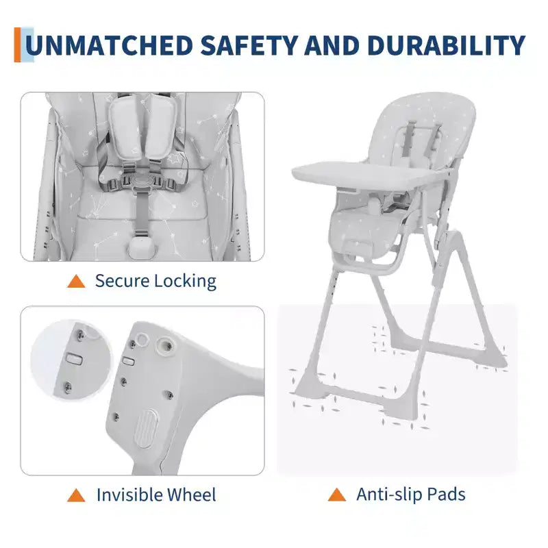 Chaise haute pliable pour bébés et tout-petits, réglable en hauteur/dossier/repose-pieds, avec plateau amovible, pliage rapide