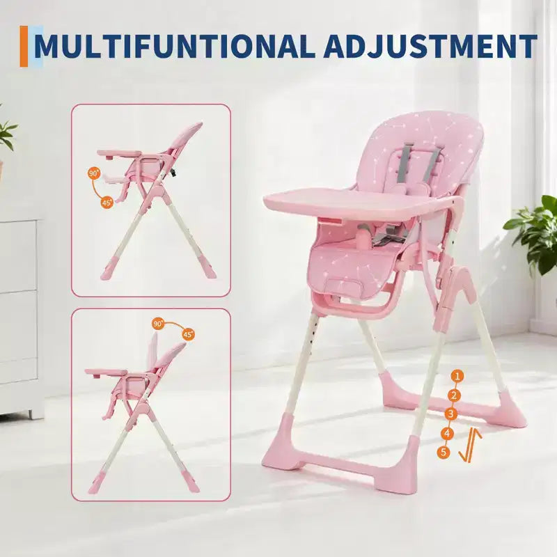 Chaise haute pliable pour bébés et tout-petits, réglable en hauteur/dossier/repose-pieds, avec plateau amovible, pliage rapide