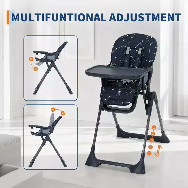 Chaise haute pliable pour bébés et tout-petits, réglable en hauteur/dossier/repose-pieds, avec plateau amovible, pliage rapide