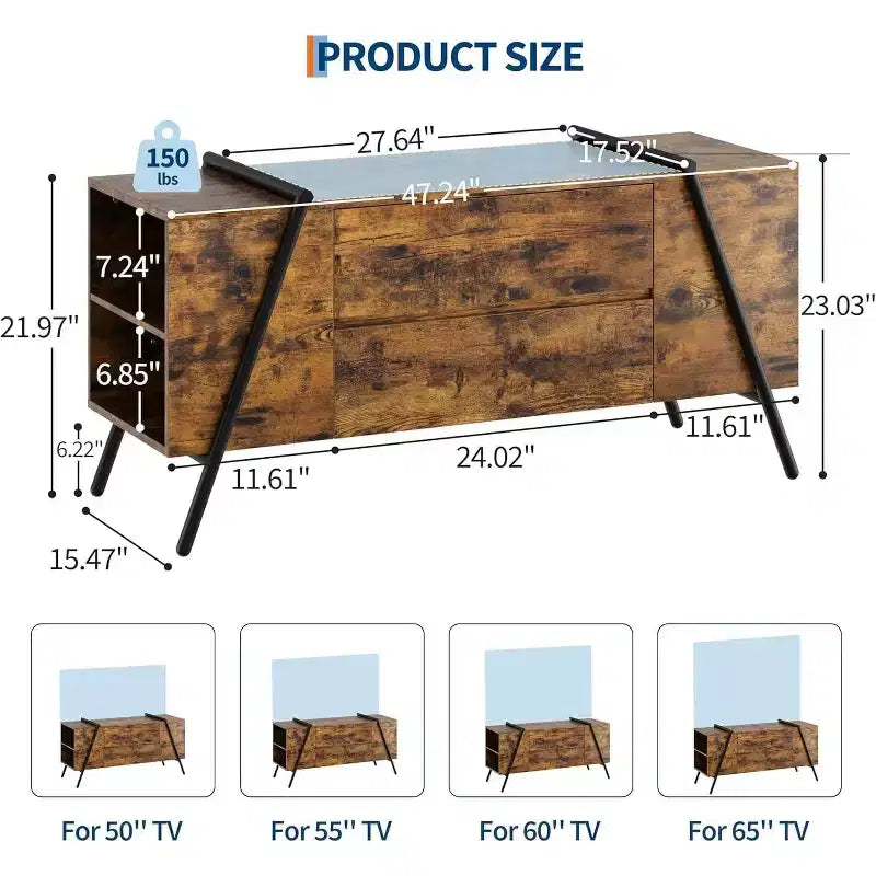 Meuble TV pour téléviseur 47/55 pouces, meuble de divertissement avec étagère réglable, 2 tiroirs, console TV, console multimédia, pieds en métal en U