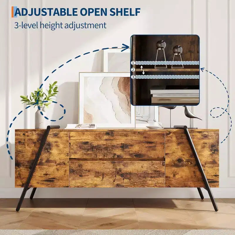 Meuble TV pour téléviseur 47/55 pouces, meuble de divertissement avec étagère réglable, 2 tiroirs, console TV, console multimédia, pieds en métal en U