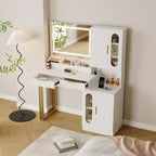 Coiffeuse moderne Acekool avec miroir, tiroirs et armoires, table de maquillage cannelée pour chambre à coucher
