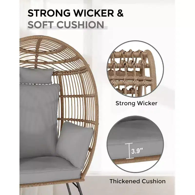 Fauteuil œuf en osier d'extérieur avec ottoman, chaises longues de patio en rotin surdimensionnées, coussin épais, capacité de 440 livres, pour la détente sur la terrasse, le porche et dans le jardin