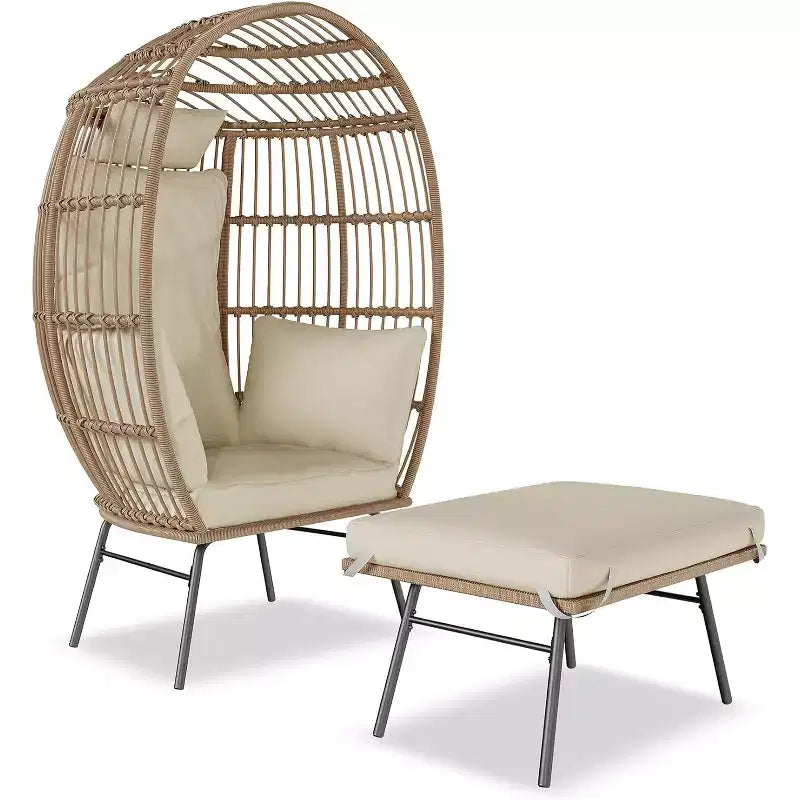 Outdoor Wicker Egg Chair with Ottoman, Oversized Rattan Patio Lounge Chairs, Thick Cushion, 440LBS, for Patio, Porch, and Backyard Relaxation
