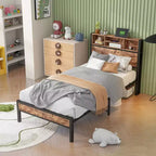 GDFStudio Yannis Modern Metal and Wooden Platform Bed Frame with Storage Headboard and Charging Station