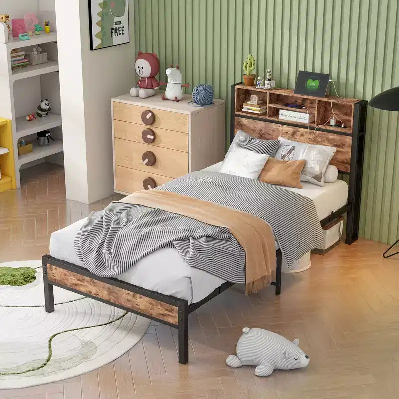 GDFStudio Yannis Modern Metal and Wooden Platform Bed Frame with Storage Headboard and Charging Station