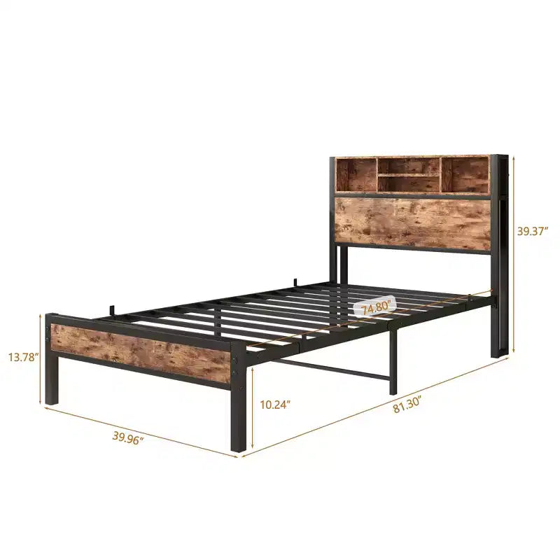 GDFStudio Yannis Modern Metal and Wooden Platform Bed Frame with Storage Headboard and Charging Station