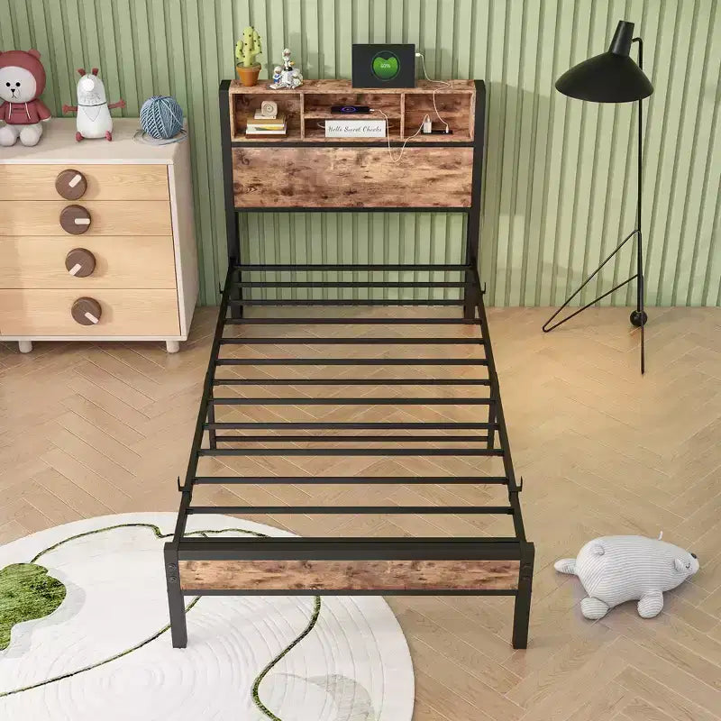 GDFStudio Yannis Modern Metal and Wooden Platform Bed Frame with Storage Headboard and Charging Station