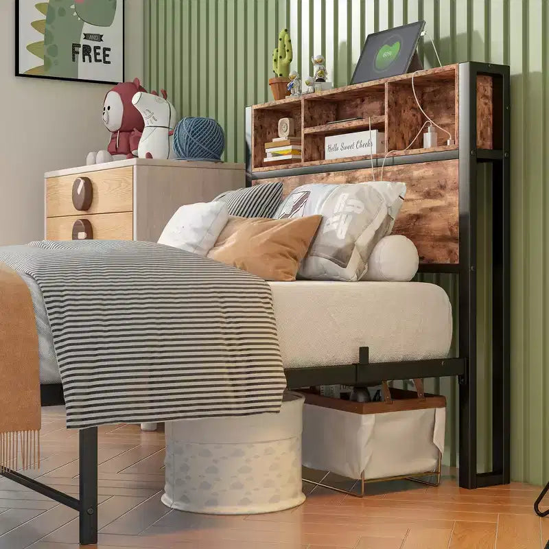 GDFStudio Yannis Modern Metal and Wooden Platform Bed Frame with Storage Headboard and Charging Station