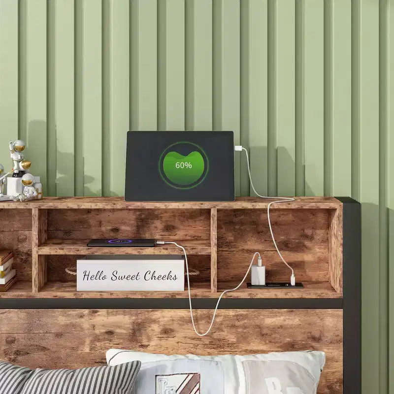 GDFStudio Yannis Modern Metal and Wooden Platform Bed Frame with Storage Headboard and Charging Station