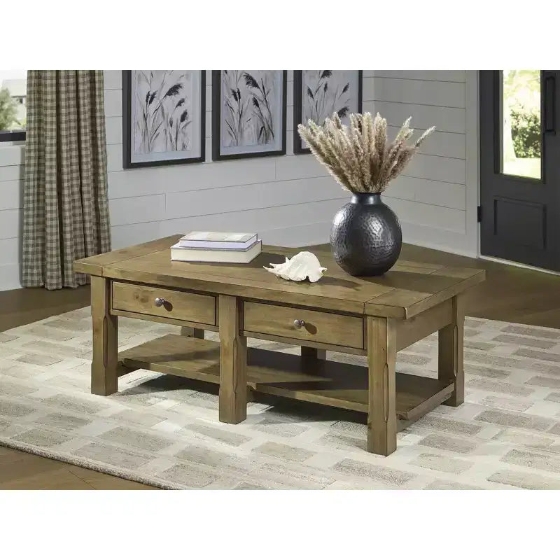 Signature Design by Ashley Vandenmore Rectangular Coffee Table, Farmhouse Storage Table with Drawers and Bottom Shelf, Medium Brown