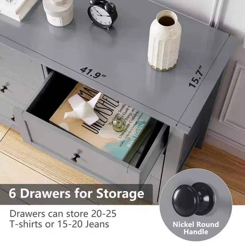 Commode à 6 tiroirs pour chambre à coucher, grande commode avec tiroirs profonds et poignées en métal, commodes modernes en bois pour entrée, couloir