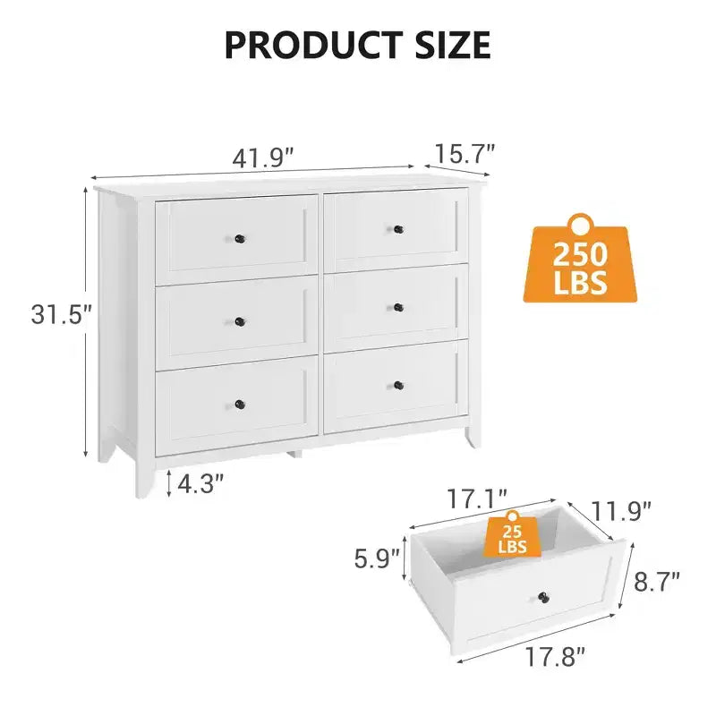 Commode à 6 tiroirs pour chambre à coucher, grande commode avec tiroirs profonds et poignées en métal, commodes modernes en bois pour entrée, couloir