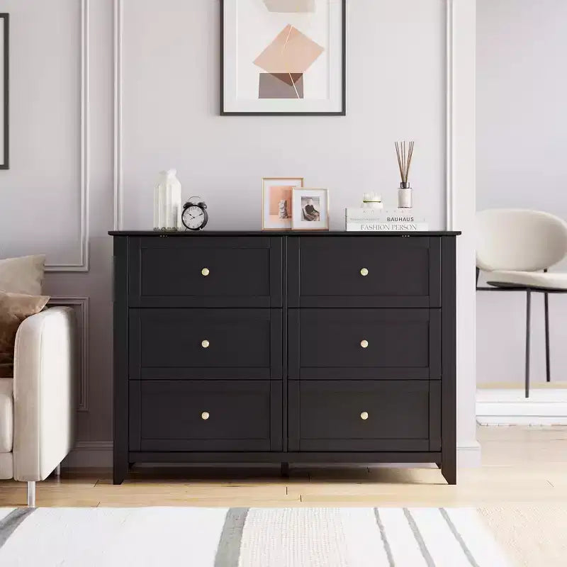 Commode à 6 tiroirs pour chambre à coucher, grande commode avec tiroirs profonds et poignées en métal, commodes modernes en bois pour entrée, couloir