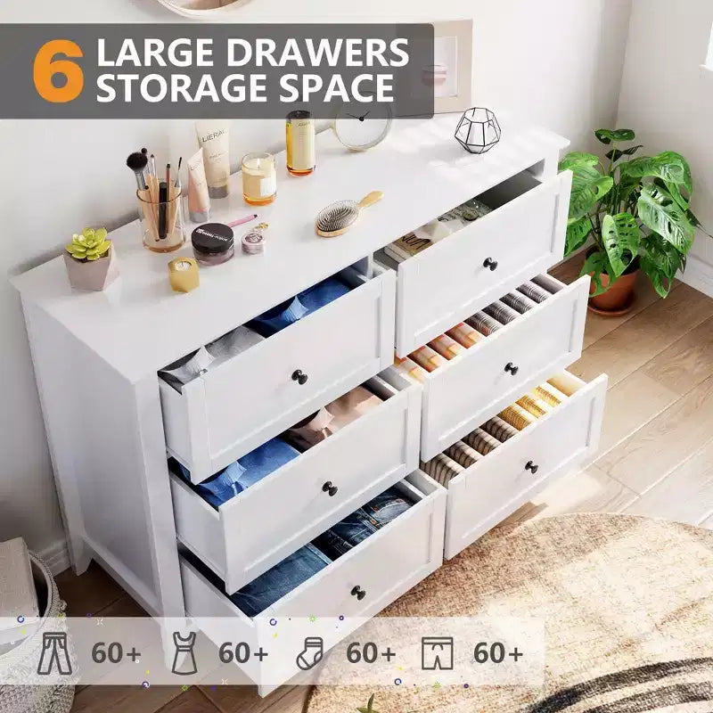 Commode à 6 tiroirs pour chambre à coucher, grande commode avec tiroirs profonds et poignées en métal, commodes modernes en bois pour entrée, couloir