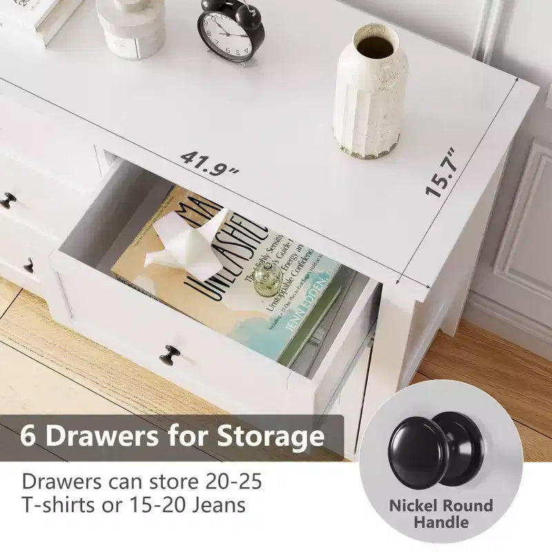 Commode à 6 tiroirs pour chambre à coucher, grande commode avec tiroirs profonds et poignées en métal, commodes modernes en bois pour entrée, couloir