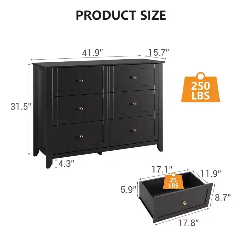 Commode à 6 tiroirs pour chambre à coucher, grande commode avec tiroirs profonds et poignées en métal, commodes modernes en bois pour entrée, couloir