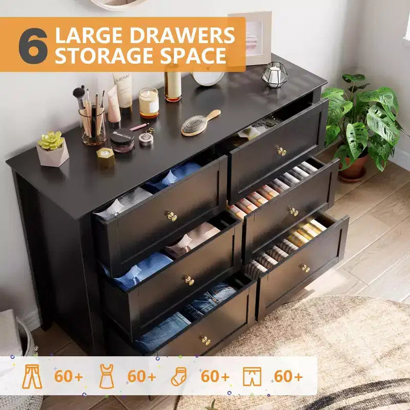 Commode à 6 tiroirs pour chambre à coucher, grande commode avec tiroirs profonds et poignées en métal, commodes modernes en bois pour entrée, couloir