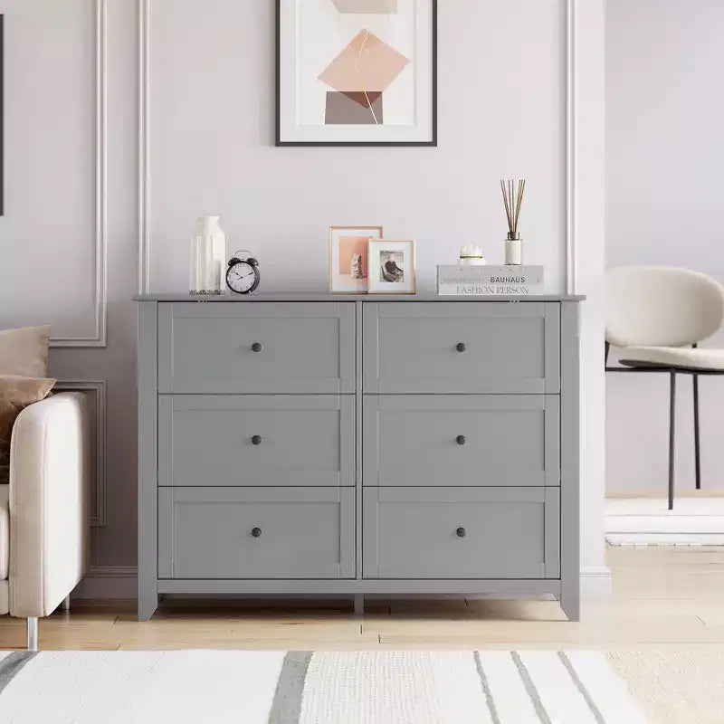 Commode à 6 tiroirs pour chambre à coucher, grande commode avec tiroirs profonds et poignées en métal, commodes modernes en bois pour entrée, couloir