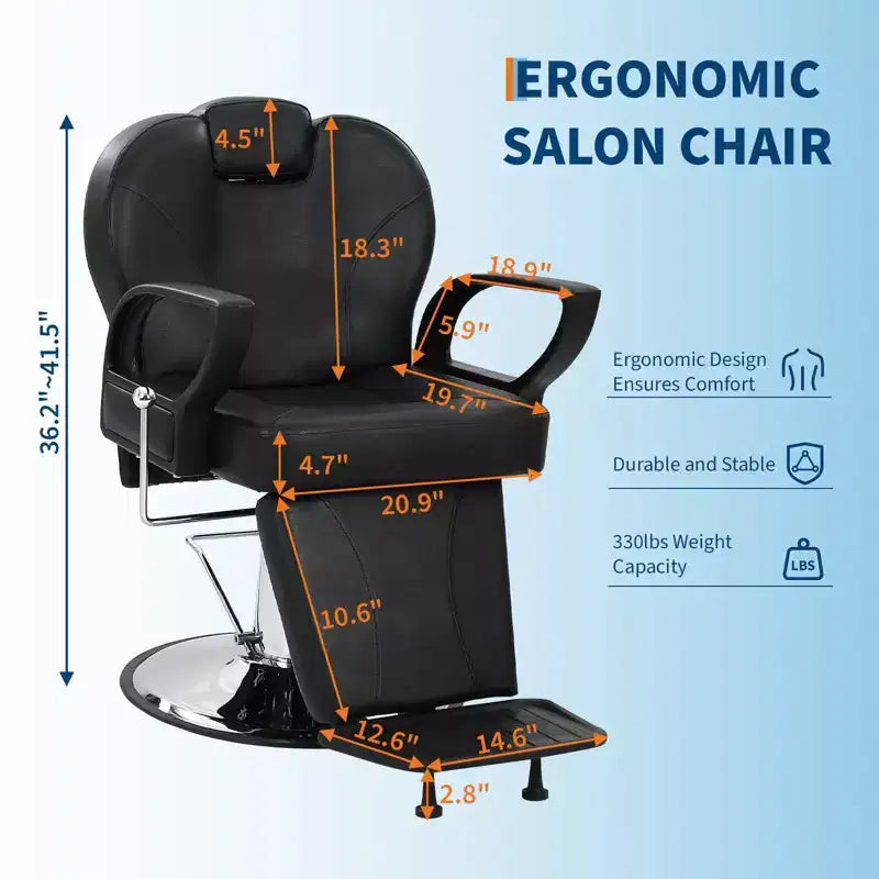 Fauteuil de barbier, Fauteuil de barbier inclinable robuste avec hauteur et appui-tête réglables, Fauteuil de coiffure pivotant à 360 degrés avec repose-pieds