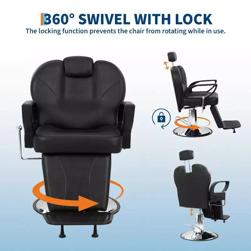 Fauteuil de barbier, Fauteuil de barbier inclinable robuste avec hauteur et appui-tête réglables, Fauteuil de coiffure pivotant à 360 degrés avec repose-pieds