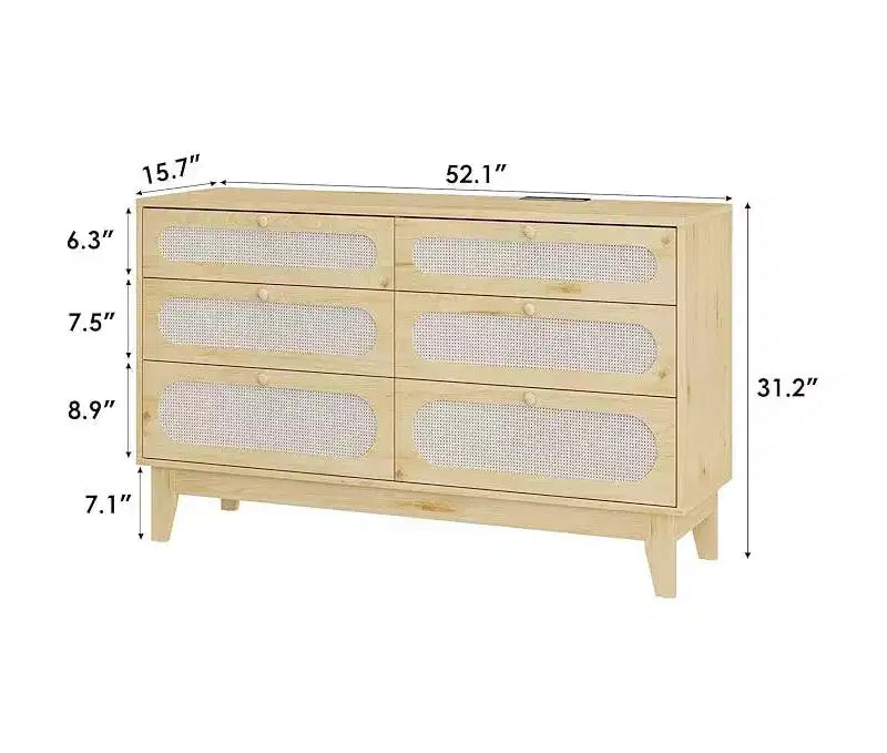 Commode à 6 tiroirs en rotin, avec ports USB et prises de courant, 6 tiroirs de rangement pour chambre à coucher, salon, couloir, chevet, salle à manger, couloir