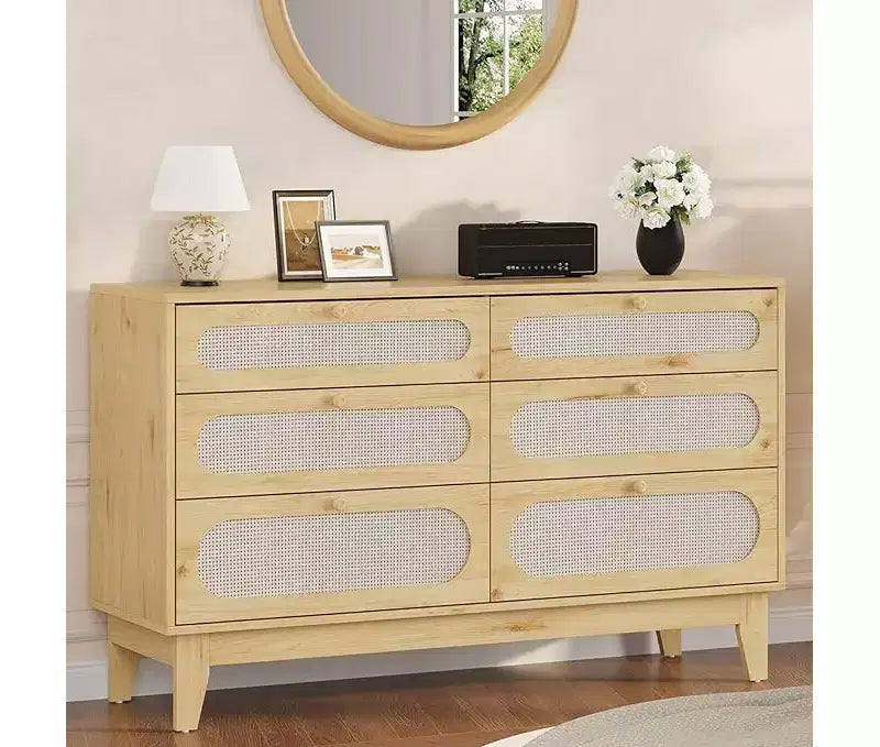 Commode à 6 tiroirs en rotin, avec ports USB et prises de courant, 6 tiroirs de rangement pour chambre à coucher, salon, couloir, chevet, salle à manger, couloir