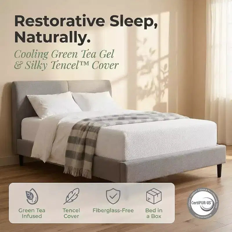 Dyonery Matelas 8-10 Pouces Sans Fibre de Verre, Lit en Mousse à Mémoire de Forme au Gel de Thé Vert avec Housse en Tencel, Soutien Respirant Fermeté Moyenne pour le Dos