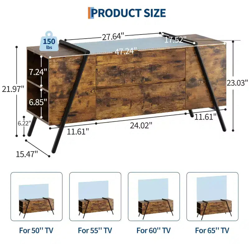Meuble TV meuble de divertissement moderne avec étagère réglable, 2 tiroirs, console multimédia, pieds en métal en forme de U, pour salon, chambre, bureau