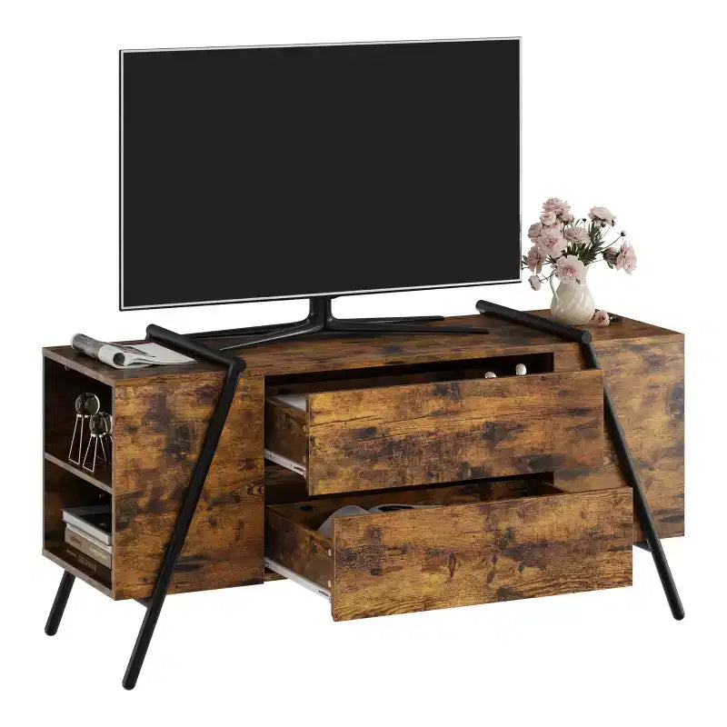 Meuble TV meuble de divertissement moderne avec étagère réglable, 2 tiroirs, console multimédia, pieds en métal en forme de U, pour salon, chambre, bureau