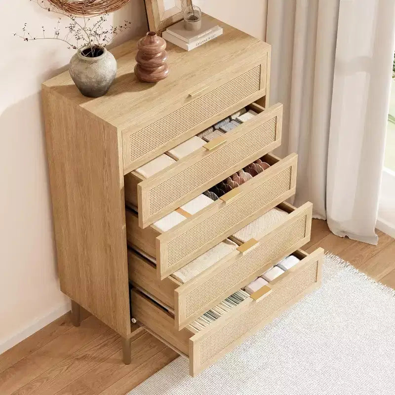 Acekool Rattan Commode à 5 Tiroirs, Commode Haute de 112 cm Style Ferme avec Pieds en Métal pour Chambre à Coucher Salon
