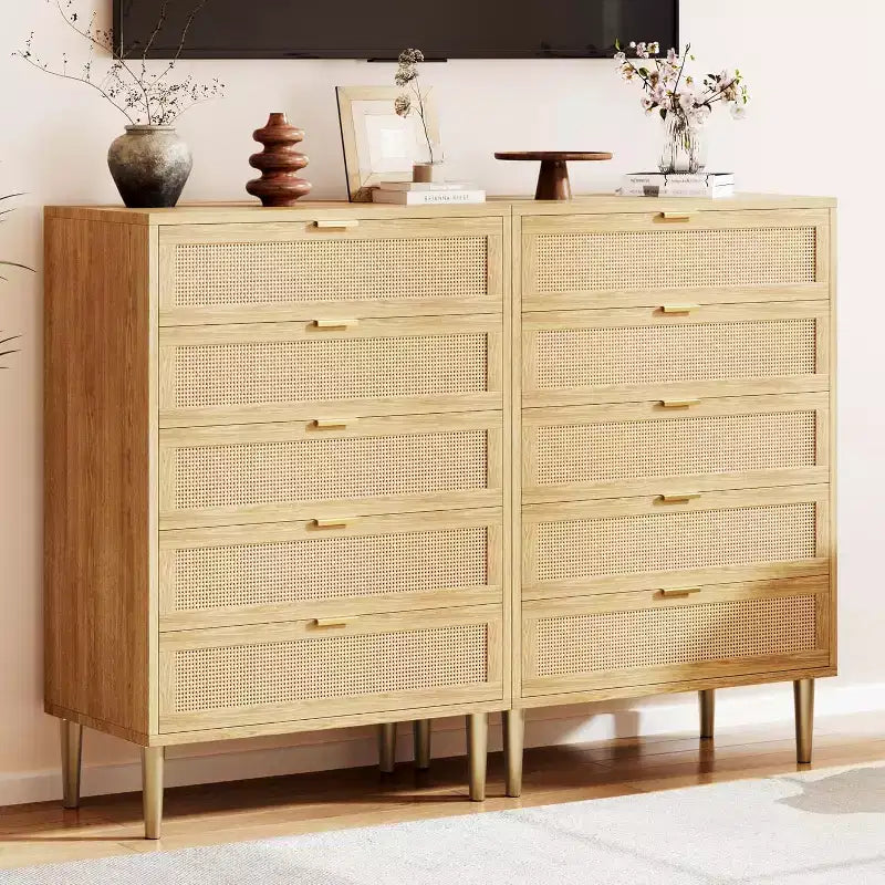 Acekool Rattan Commode à 5 Tiroirs, Commode Haute de 112 cm Style Ferme avec Pieds en Métal pour Chambre à Coucher Salon