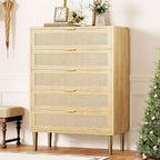 Acekool Rattan Commode à 5 Tiroirs, Commode Haute de 112 cm Style Ferme avec Pieds en Métal pour Chambre à Coucher Salon