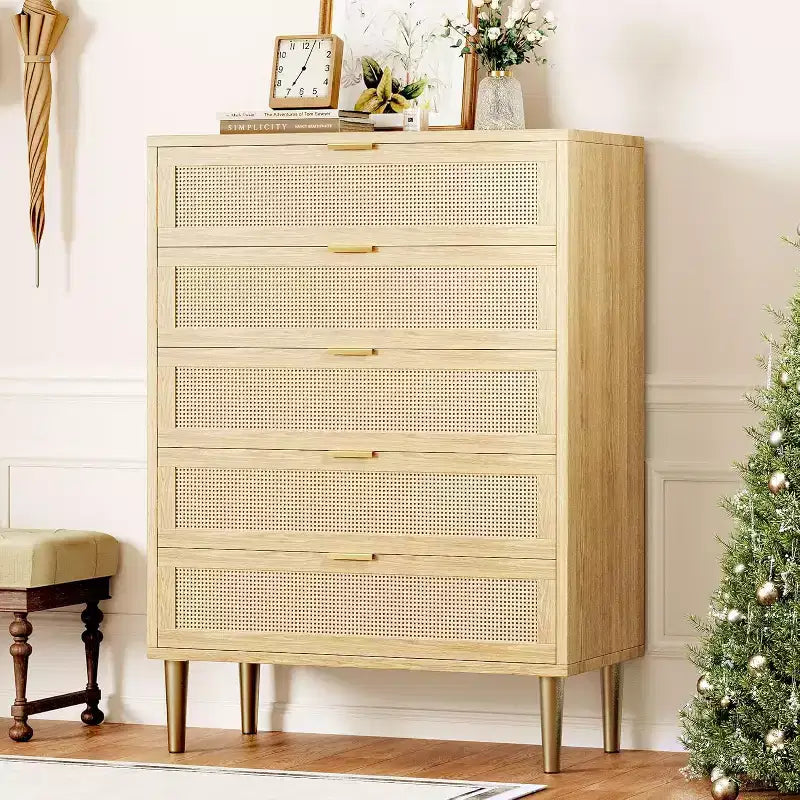 Acekool Rattan Commode à 5 Tiroirs, Commode Haute de 112 cm Style Ferme avec Pieds en Métal pour Chambre à Coucher Salon