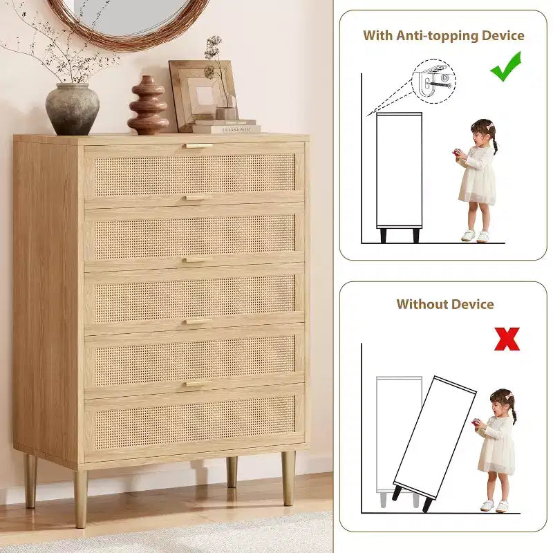 Acekool Rattan Commode à 5 Tiroirs, Commode Haute de 112 cm Style Ferme avec Pieds en Métal pour Chambre à Coucher Salon
