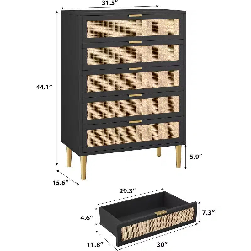 Acekool Rattan Commode à 5 Tiroirs, Commode Haute de 112 cm Style Ferme avec Pieds en Métal pour Chambre à Coucher Salon