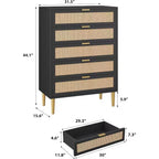 Acekool Rattan Commode à 5 Tiroirs, Commode Haute de 112 cm Style Ferme avec Pieds en Métal pour Chambre à Coucher Salon