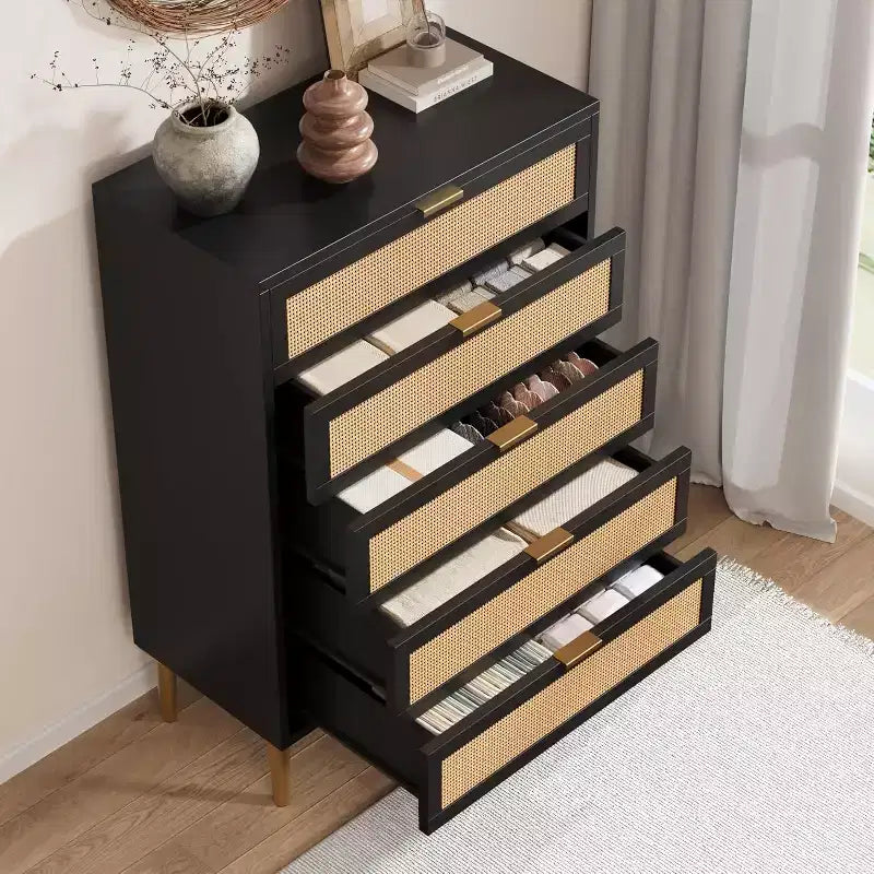 Acekool Rattan Commode à 5 Tiroirs, Commode Haute de 112 cm Style Ferme avec Pieds en Métal pour Chambre à Coucher Salon
