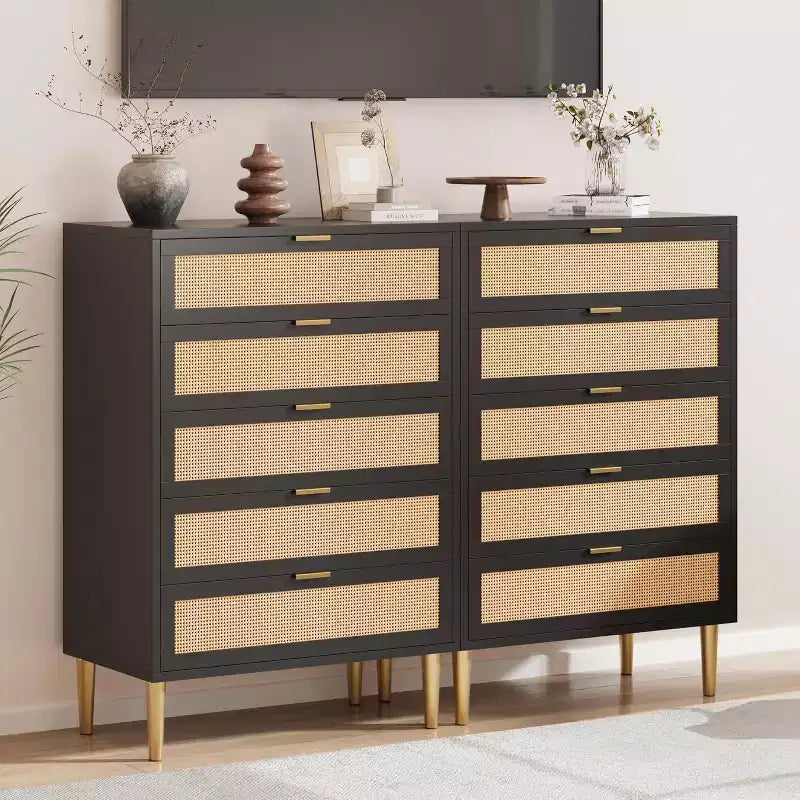 Acekool Rattan Commode à 5 Tiroirs, Commode Haute de 112 cm Style Ferme avec Pieds en Métal pour Chambre à Coucher Salon