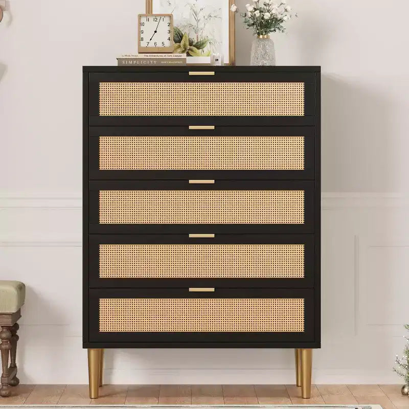 Acekool Rattan Commode à 5 Tiroirs, Commode Haute de 112 cm Style Ferme avec Pieds en Métal pour Chambre à Coucher Salon