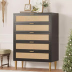 Acekool Rattan 5 Drawer Dresser, 44 Tall Farmhouse Chest with Metal Legs for Bedroom Living Room