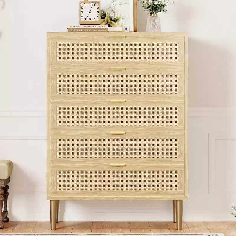 Acekool Rattan Commode à 5 Tiroirs, Commode Haute de 112 cm Style Ferme avec Pieds en Métal pour Chambre à Coucher Salon