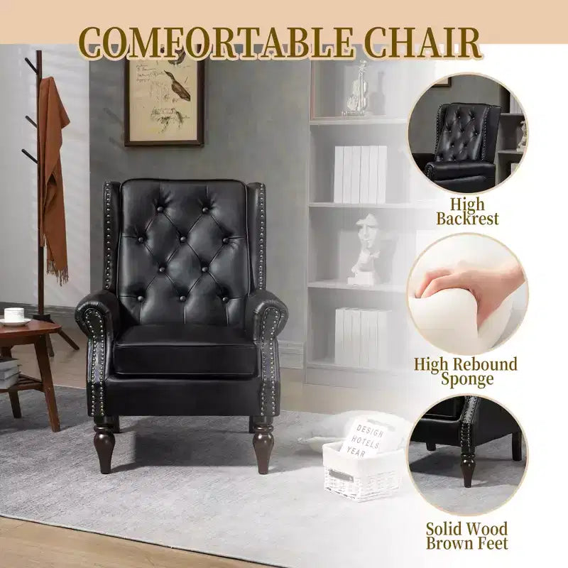 Fauteuil MAYEERTY en bois, pieds en bois robustes, salon chambre, PU noir