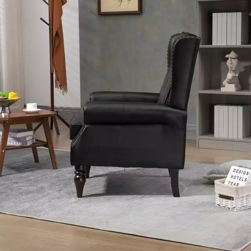 Fauteuil MAYEERTY en bois, pieds en bois robustes, salon chambre, PU noir