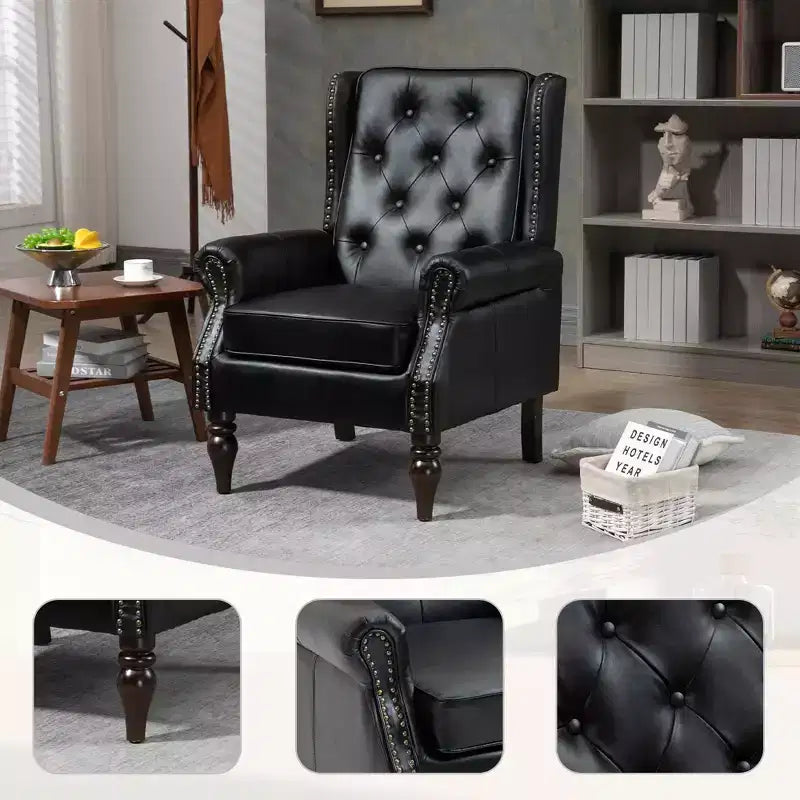 Fauteuil MAYEERTY en bois, pieds en bois robustes, salon chambre, PU noir
