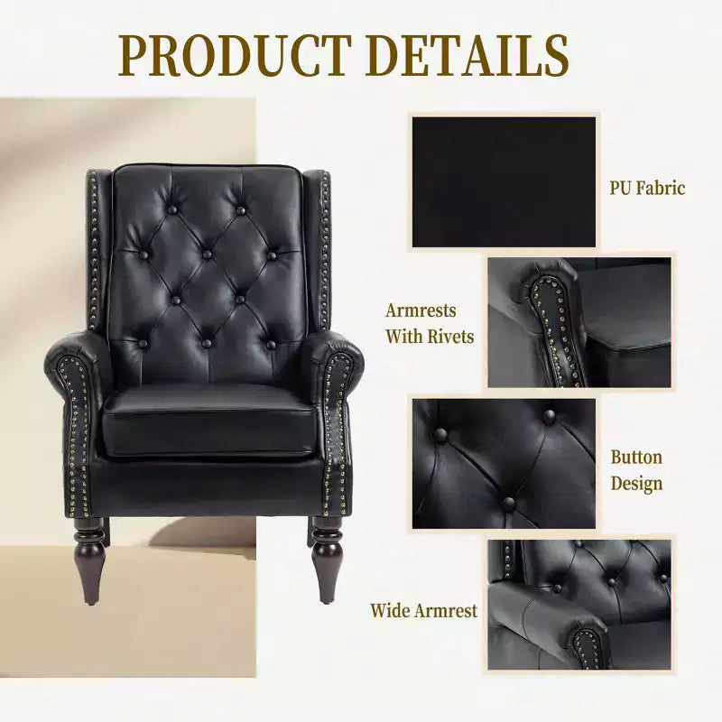 Fauteuil MAYEERTY en bois, pieds en bois robustes, salon chambre, PU noir
